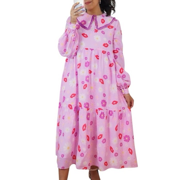JulyLiebe Flowers & Kisses Midi Dress Flowy Relaxed Shirt Dress - Pink - XL -NWT - Picture 1 of 11